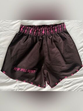 Black Athletic Shorts with Hot Pink Trim and 'FEW WILL HUNT' Text